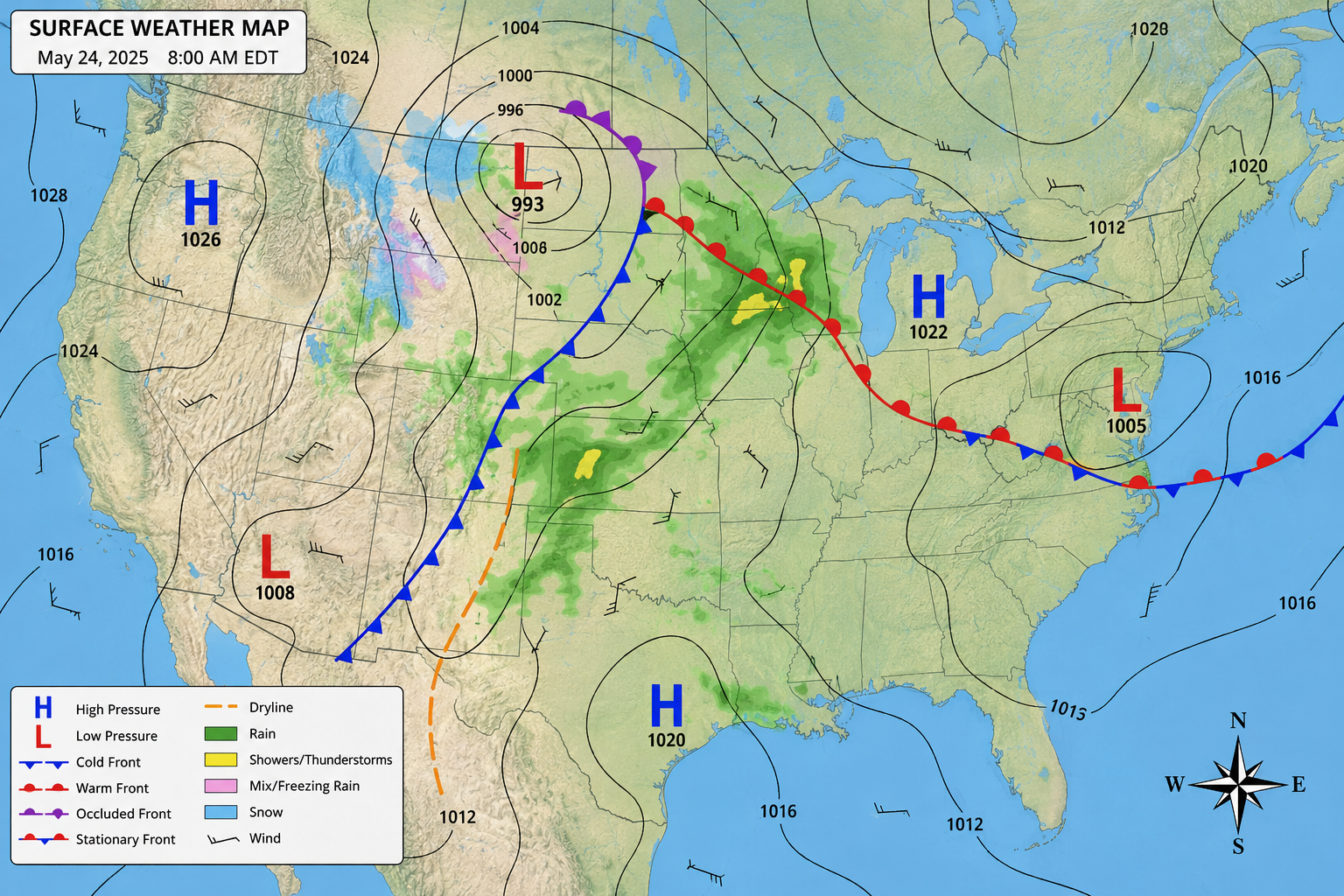 Sample surface weather map showing high and low pressure, isobars, and fronts